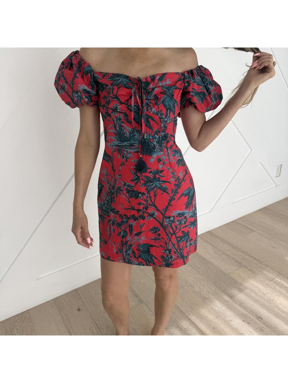 Cara Cara Red Floral Off-the-Shoulder Puff Sleeve Vacation Mini Dress Size S